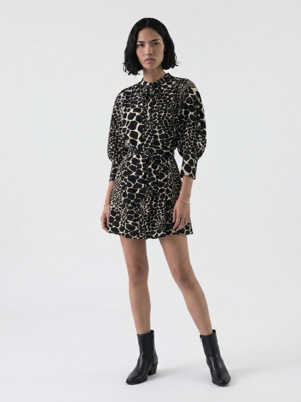 Topshop Animal Print Tie Neck Mini Dress Long Sleeve Belted Women’s US 4